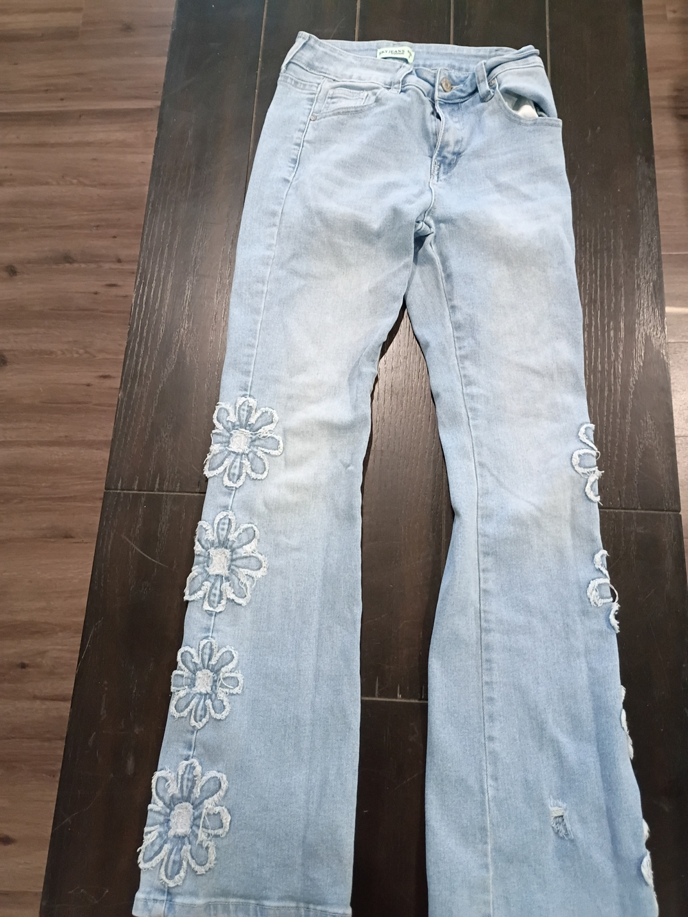Sky Light Blue Floral Appliqué Wide-Leg Jeans